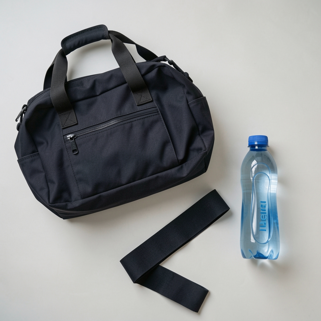 Gym bag, resistance band, and water bottle arranged on a clean surface, editorial flat lay composition